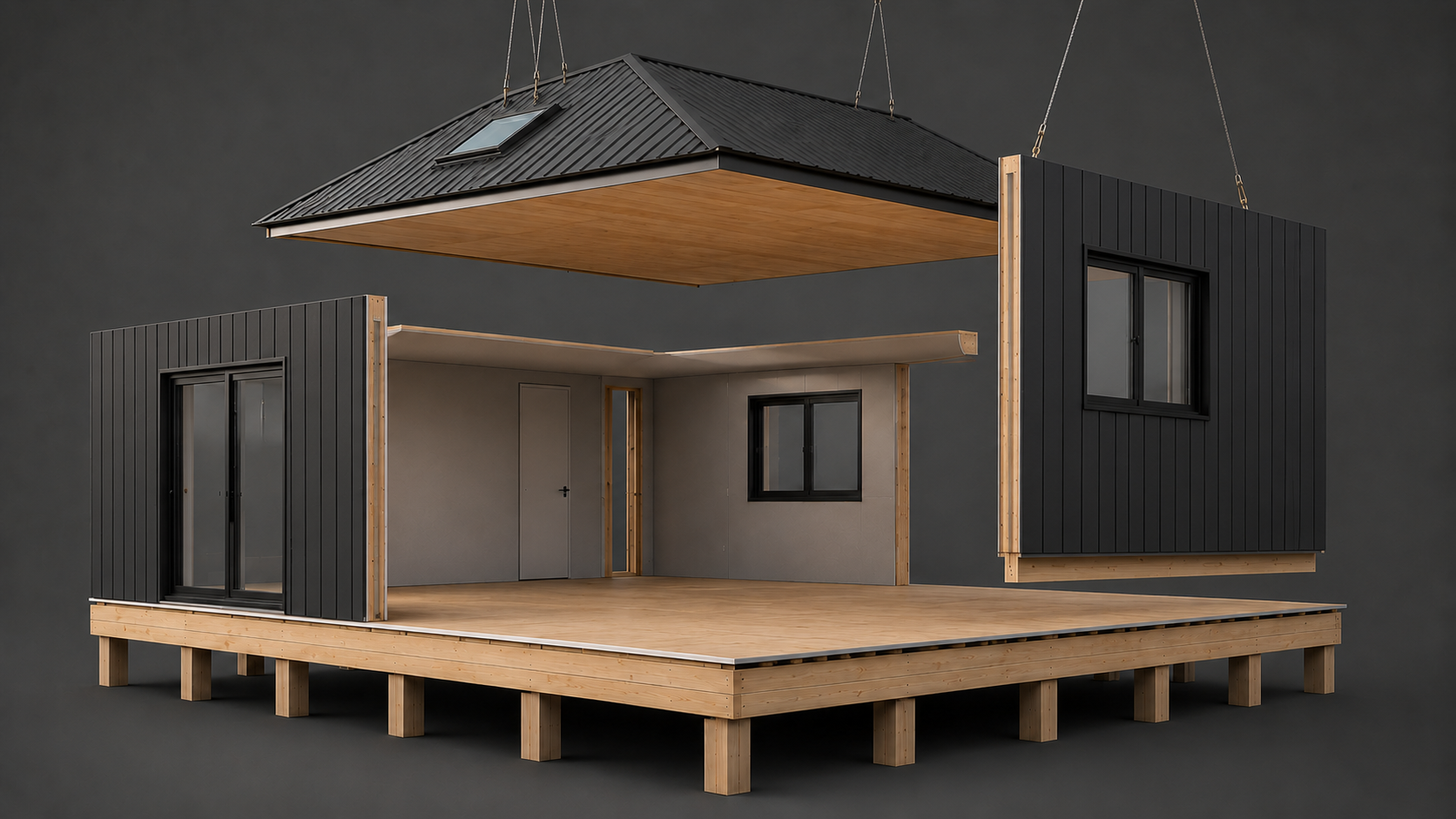 Modular house being assembled on site with roof being craned into place