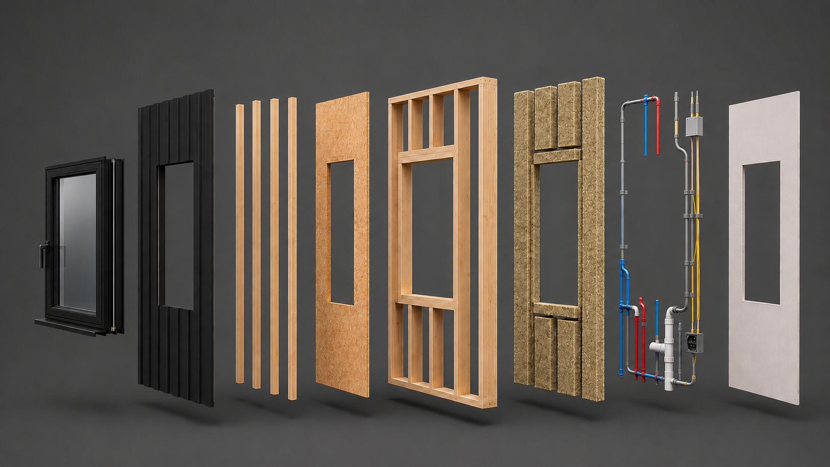 Exploded view of a panelised wall showing cladding, framing, insulation and services